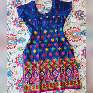 Blue 3 piece indian punjabi bollywood patiala salwar suit, with phulkari design